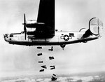 A B-24M-1-FO Liberator bomber of the 15th Air Force released its bombs on the railyards at Muhldorf, Germany, 19 Mar 1945