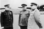 Marshals of the Soviet Union Kirill Meretskov, Rodion Malinovsky, and Alexandr Vasilevsky at Zhoushuizi Airfield in Dalian, China, 17 Aug 1945