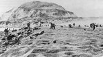 Fifth Division Marines moving inland off the beach, after coming ashore on Iwo Jima, 19 Feb 1945; note Mount Suribachi in background