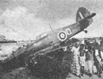 Wrecked Hurricane aircraft of Squadron Leader Richard Brookers of No.232 Fighter Squadron RAF, East Coast Park, Singapore, 8 Feb 1942