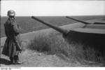 German soldier on sentry on the Danish coast, 1940; note armored coastal batteries