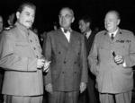 Joseph Stalin, Harry Truman, and Winston Churchill during the Potsdam Conference, Germany, 17 Jul 1945, photo 1 of 2