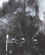 Japanese troops in front of burning buildings, Shanghai, 1932