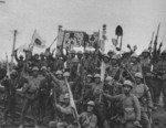 Japanese troops celebrating the capture of Jiaxing (Postal Map romanization: Ka Shing), Zhejiang Province, China, late 1937