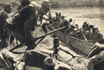 Soldiers of the Ikeda Detachment of Japanese 13th Division crossing a tributary of the Han River south of Shayang County, Hubei, China, 6 Jun 1940