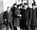Commissioning ceremony, Female Officer Training School, Hunter College, Bronx, New York, United States, early 1943; note Mayor Fiorello La Guardia, Lt. Cmdr. Mildred McAfee, RAdm. Randall Jacobs
