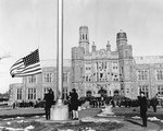 Raising the flag at US Naval Training Center, Hunter College, Bronx, New York, United States, 8 Feb 1943; the location was dedicated to the training of women for the US Navy and Coast Guard