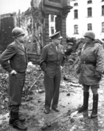 Omar Bradley, Dwight Eisenhower, and George Patton at Bastogne, Belgium, late Dec 1944
