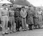 United Nations delegates to the Korean armistice negotiations: Rear Admiral Burke, Major General Cragie, Major General Paik, Vice Admiral Joy, General Ridgway, and Major Hodes. 10 Jul 1951