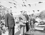 Prime Minister Ben Chifley, Governor-General William McKell, and Minister for Works and Housing Nelson Lemmon at the official launch of the Snowy Mountains Hydro project at Adaminaby, Australia, 17 Oct 1949