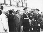 Daladier departing Munich, Germany, 30 Sep 1938; also present were Foreign Minister Joachim von Ribbentrop, Gauleiter Adolf Wagner, and SS officer Friedrich Karl von Eberstein