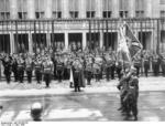 Luftwaffe Day parade in front of Reich Air Ministry building on Wilhelmstraße, Berlin, Germany, 1 Mar 1938; note Göring, Christiansen, Lutze, Rust, Brauchitsch, Milch, and Raeder in attendance