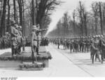 Hitler reviewing a military parade held in celebration of his 47th birthday, 20 Apr 1936; Blomberg, Göring, Raeder, and Rundstedt behind him