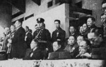 Korean Provisional President Kim Gu with other officials at a welcoming event for the provisional government, Seoul Stadium, Seoul, Korea, 19 Dec 1945
