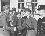 Carl Mannerheim awarding the Mannerheim Cross medal to cadet Yrjö Keinose, Finland, Sep 1942