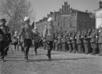 Carl Gustaf Emil Mannerheim inspecting troops at the 20th anniversary of independent Finland, Viipuri, Finland, 1938; note Lieutnant General Harald Öhqvist (with sword), Lieutenant General Lauri Malmberg (left edge of photograph), and Major General Hannes Ignatius (behind Mannerheim)