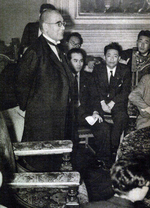 Admiral Kichisaburo Nomura meeting journalists immediately following his appointment as the Foreign Minister, Tokyo, Japan, Sep 1939