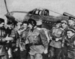 Pokryshkin with pilots of the 16th Guards Fighter Regiment, circa Aug 1944; left to right: Goregljad, Klubov, Bierezkin, Pokryshkin, Trofimov, Pyzikov; note P-39 Airacobra in background