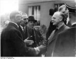 Neville Chamberlain, Nevile Henderson, and Joachim von Ribbentrop at Hotel Petersberg, Bonn, Germany, 22 Sep 1938