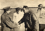 Valery Chkalov, Joseph Stalin, Aleksandr Belyakov, Kliment Voroshilov, and Lazar Kaganovich, 10 Aug 1936