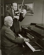 Harry Truman (piano) and Jack Benny (violin) playing music together, 3 Sep 1959