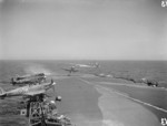 Seafire fighter of No. 885 Squadron FAA landing on HMS Formidable, off Gibraltar, mid-1942 to 1945.