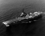 USS Hancock off San Diego, California, United States, 11 Feb 1975; note twelve A-4 Skyhawk attack aircraft and one SH-3 helicopter on the flight deck