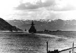 Heavy cruisers Admiral Hipper and Admiral Scheer leaving a Norwegian fjord, photographed from Tirpitz, circa 1942