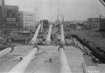 View from atop turret No. 2 of USS Iowa, looking forward, New York Navy Yard, New York, United States, 9 Jul 1943