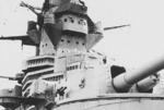 Close-up view of turret No. 2 and bridge of Richelieu, probably at New York, New York, United States, early 1943; note damaged gun barrel
