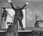 Landing Signal Officers aboard USS Wolverine in Lake Michigan, United States, 1942-1944; seen in 1 Jan 1945 issue of US Navy publication Naval Aviation News
