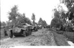 Camouflaged SdKfz. 251 halftrack vehicles on a road, Nettuno, Italy, Mar 1944