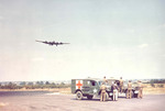 Ground personnel standing by Dodge WC54 field ambulances as B-17G Flying Fortress with the 381st Bomb Group returned to its base at RAF Ridgewell, Essex, England, UK, 1943-1945