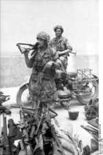 German paratroopers with FG 42 rifle and MP 40 submachine gun in Italy guarding a cache of captured weapons, 1943