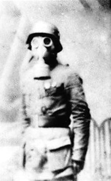 Portrait of Chinese Army battalion commander Wang Chaokui, mid-1937; note 'Italian Type' gas mask, which was an export variant of the Pirelli P43 gas mask 