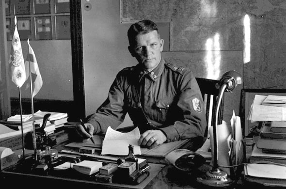 Finnish Army Lieutenant Colonel Aaro Pajari at his desk, Finland, 29 Sep 1937
