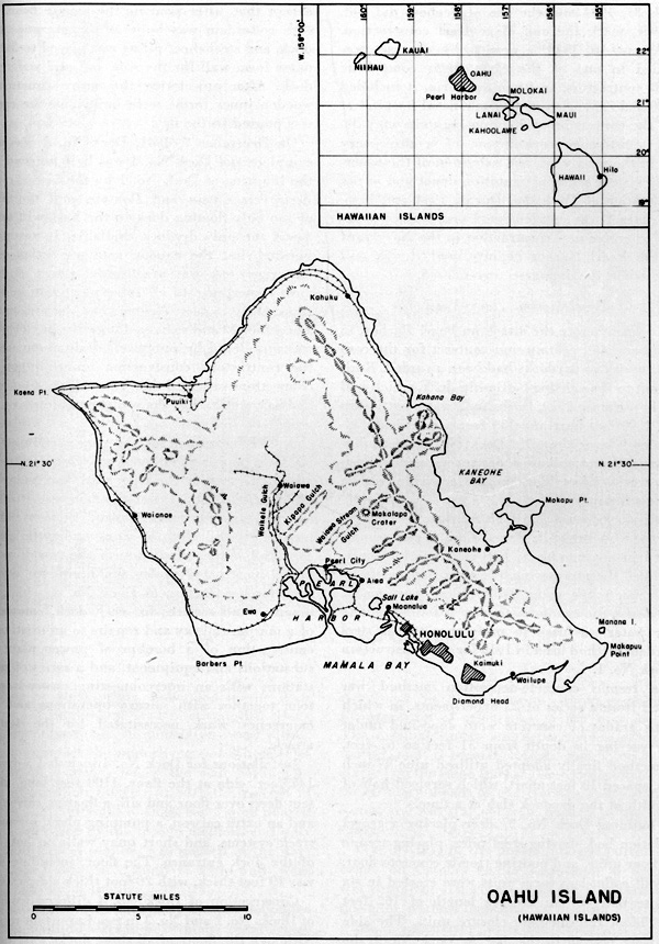 Map of Oahu, US Territory of Hawaii, 1940s