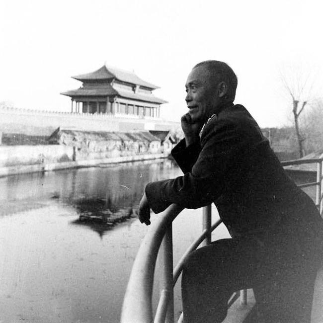 Li Zongren at the northern moat of the Forbidden City, Beiping, China, Sep 1945, photo 1 of 2; note Shenwumen gate in background
