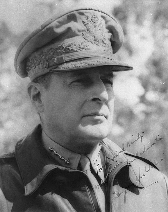 Portrait of MacArthur, circa 1943-1944; text reads 'To Admiral Nimitz.  With regard and admiration.  Douglas MacArthur'