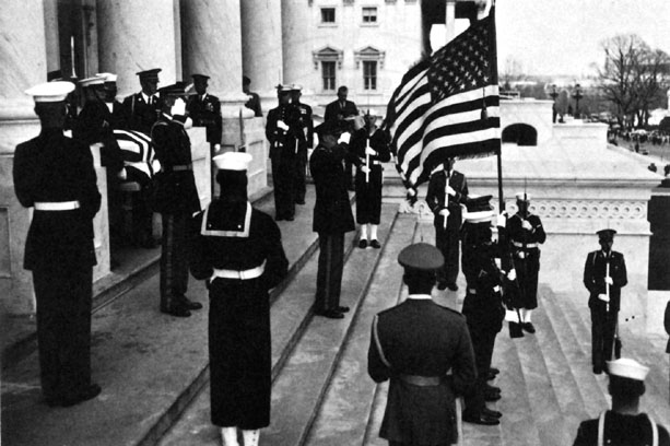 Douglas MacArthur's funeral procession halting at the steps on the eastern side of the Capitol building, Washington DC, United States, 9 Apr 1964