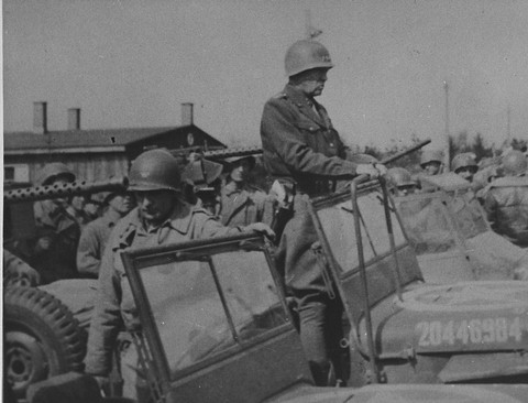 Patton preparing to depart from the Ohrdruf Concentration Camp in Thuringia, Germany, 12 Apr 1945