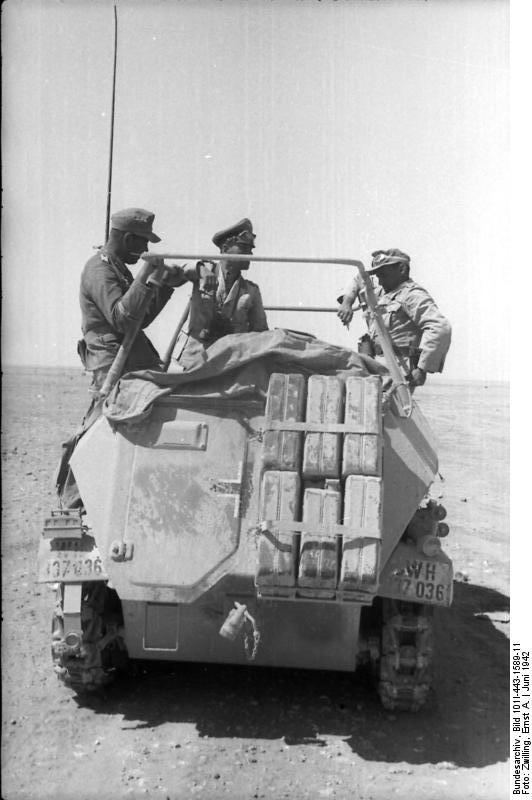 Erwin Rommel and Fritz Bayerlein in the SdKfz. 250/3 command vehicle 'Greif', near Tobruk, Libya, Jun 1942, photo 4 of 4