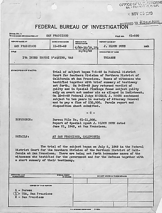 Synopsis of the criminal trial of Iva Ikuko Toguri D'Aquino by J. Eldon Dunn of US Federal Bureau of Investigation, dated 22 Nov 1949