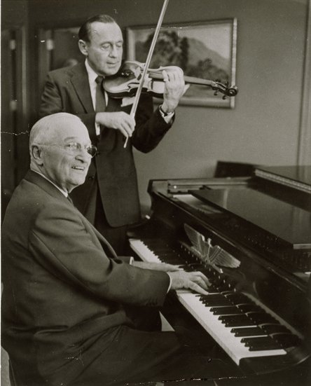 Harry Truman (piano) and Jack Benny (violin) playing music together, 3 Sep 1959