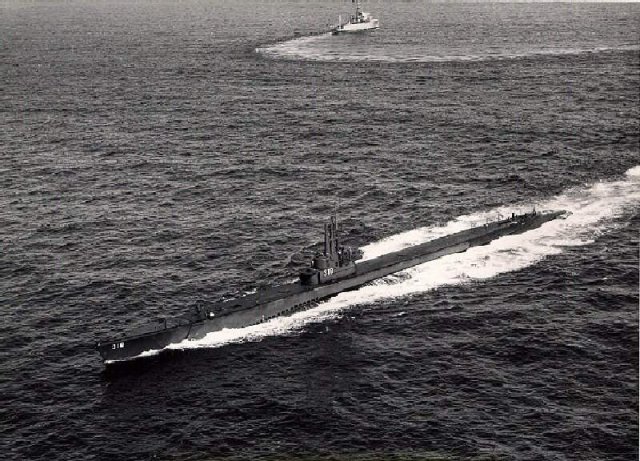 USS Baya and research vessel PCE(R) on a mission for the US Navy Electronics Laboratory, date unknown