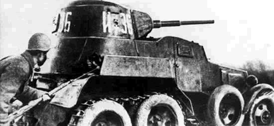 Soviet BA-10 armored car in action, circa 1940s; note tracked rear wheels