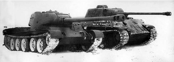 T-44-122 prototype medium tank and a captured German Panzer V Panther tank, Russia, 1944