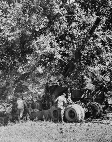 155mm Gun M1 being hidden beneath a large tree during exercise in Tennessee, United States, circa 1942
