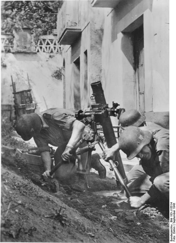 German troops setting up an 8 cm GrW 34 mortar in southern Italy, Sep 1943