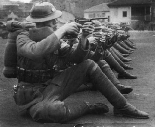 Chinese troops soldiers training with Mauser C96 handguns with shoulder stock, China, circa 1930s